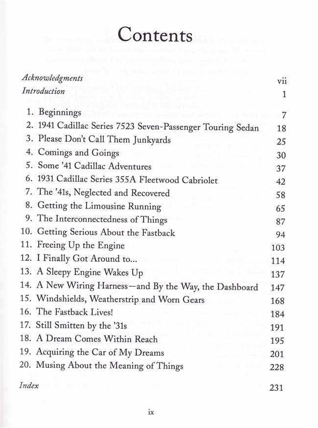 Book contents page with headings and page numbers, including acknowledgments and index