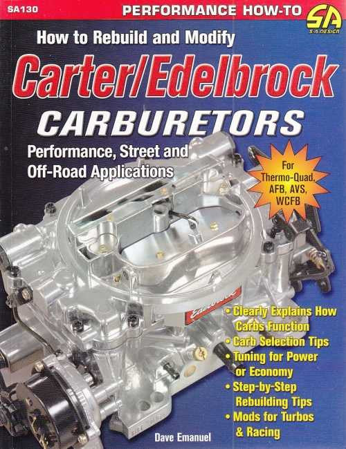 Performance how-to carburetor repair book cover with Carter/Edelbrock carburetor and features