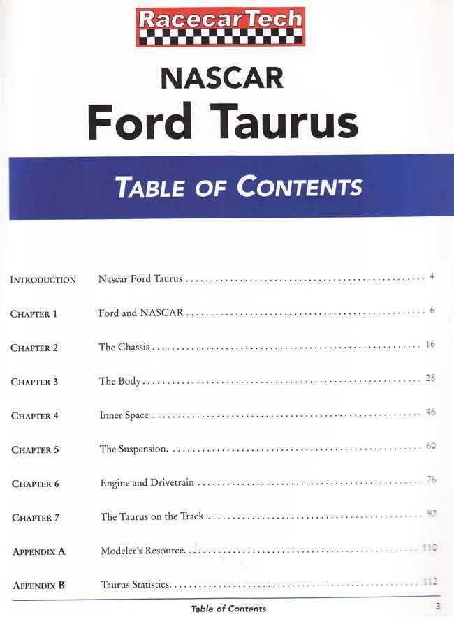 NASCAR Ford Taurus table of contents page with chapter list