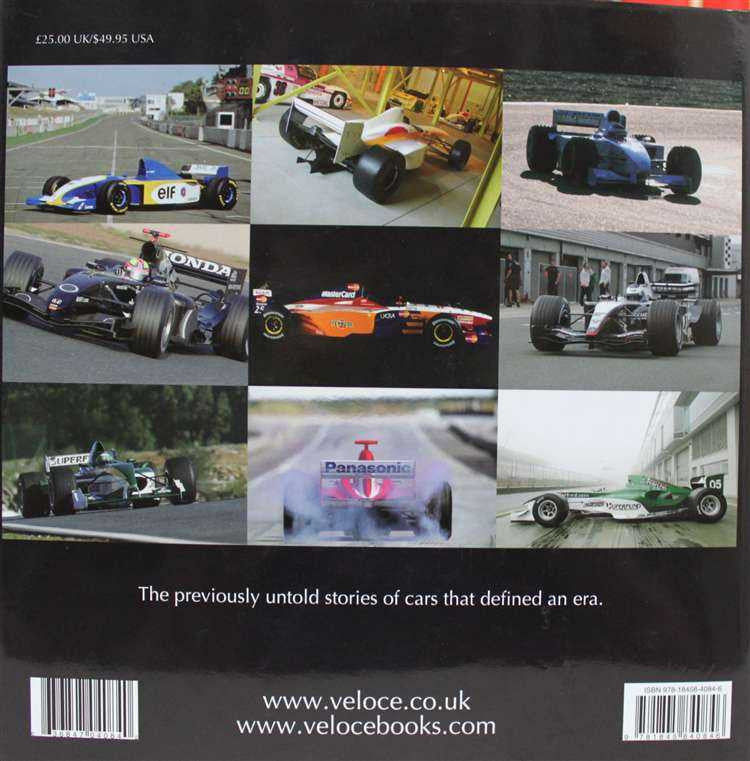 Motorsport book back cover with racing car photo collage and publisher details