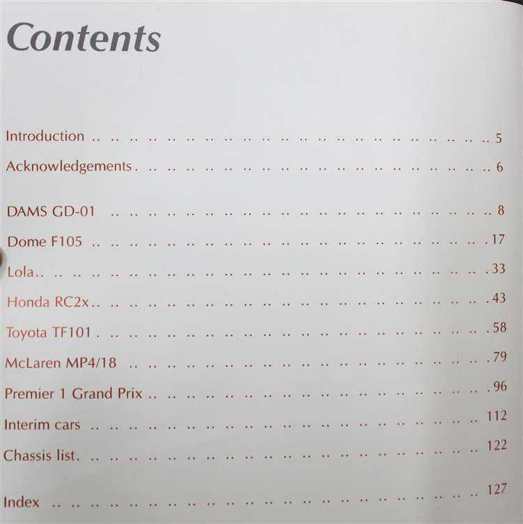 Motorsport book contents page with "Contents" heading and numbered section list