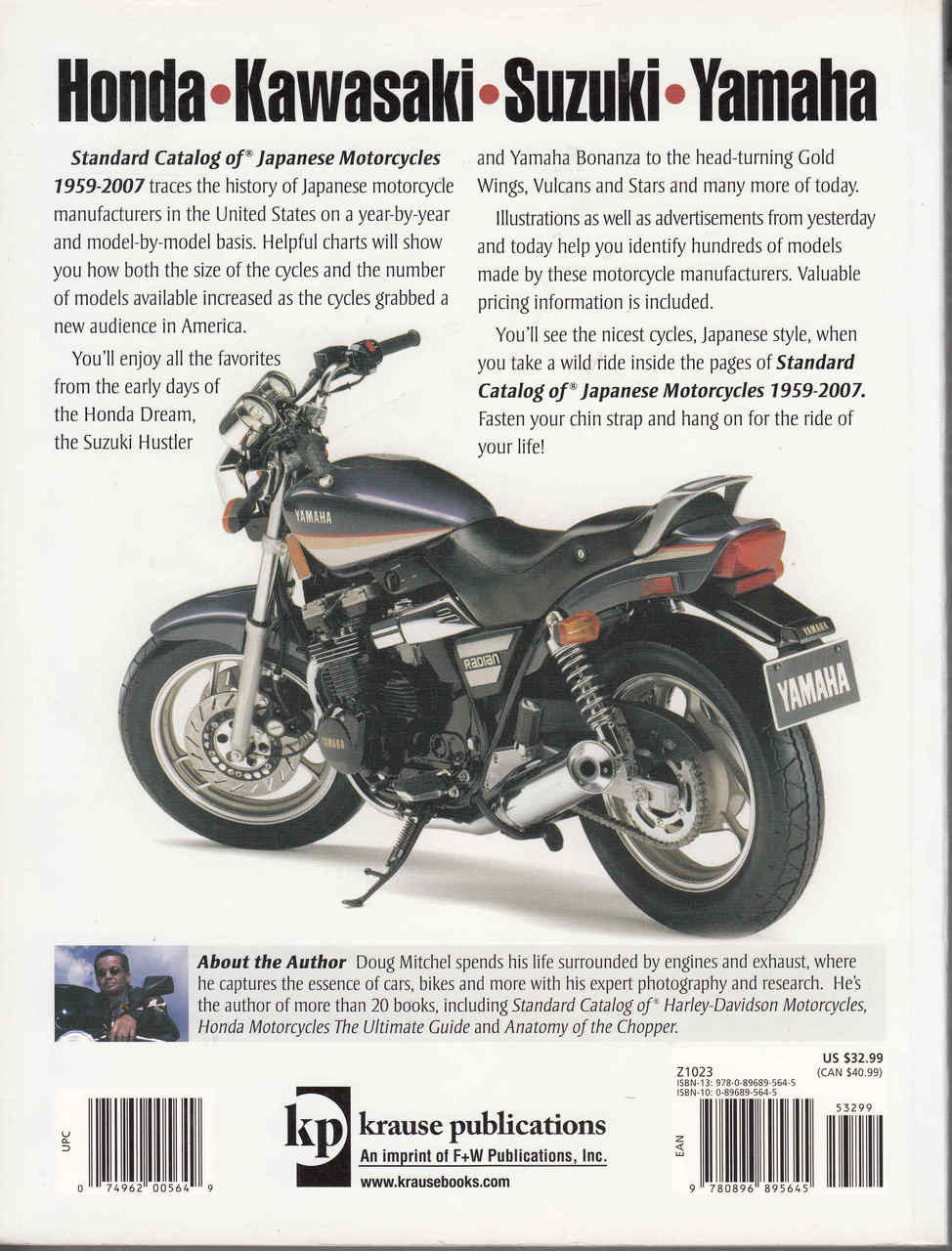 Motorcycle reference book back cover with photo of black and red Yamaha-style motorcycle