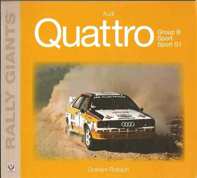Audi Quattro Group B rally book cover with desert running Quattro race car