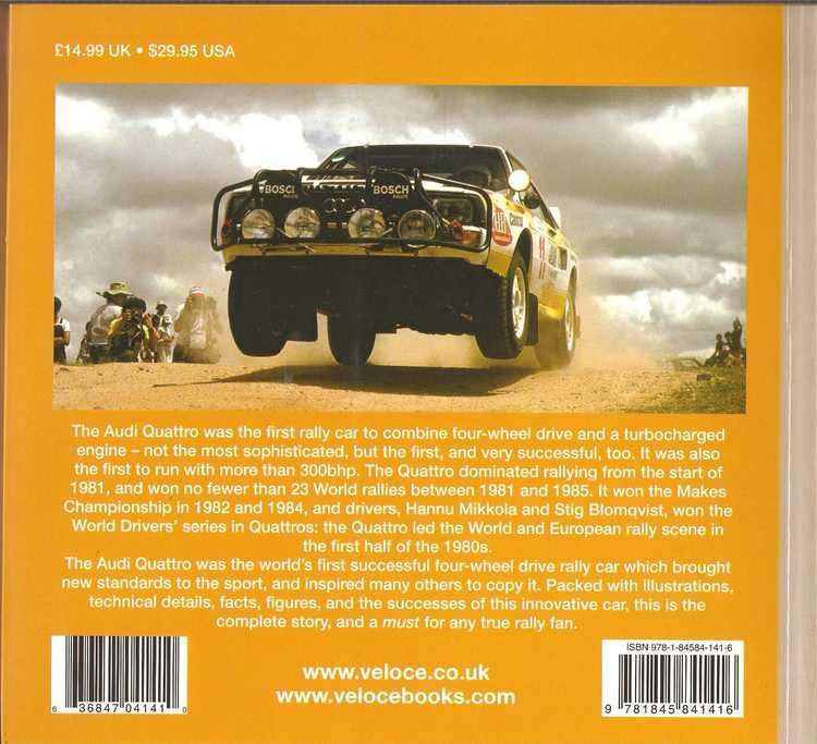 Rally car book back cover with black and yellow Audi Quattro rally photo
