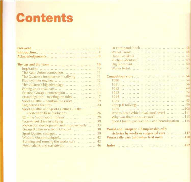 Racing car book contents page with orange text table layout