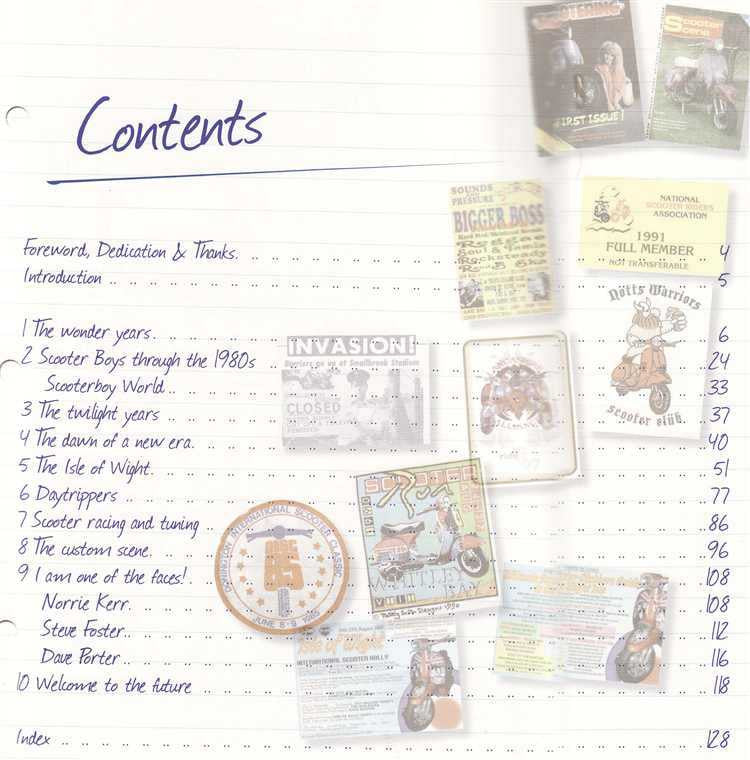 Scooter Lifestyle book contents page with handwritten chapter list and index numbers