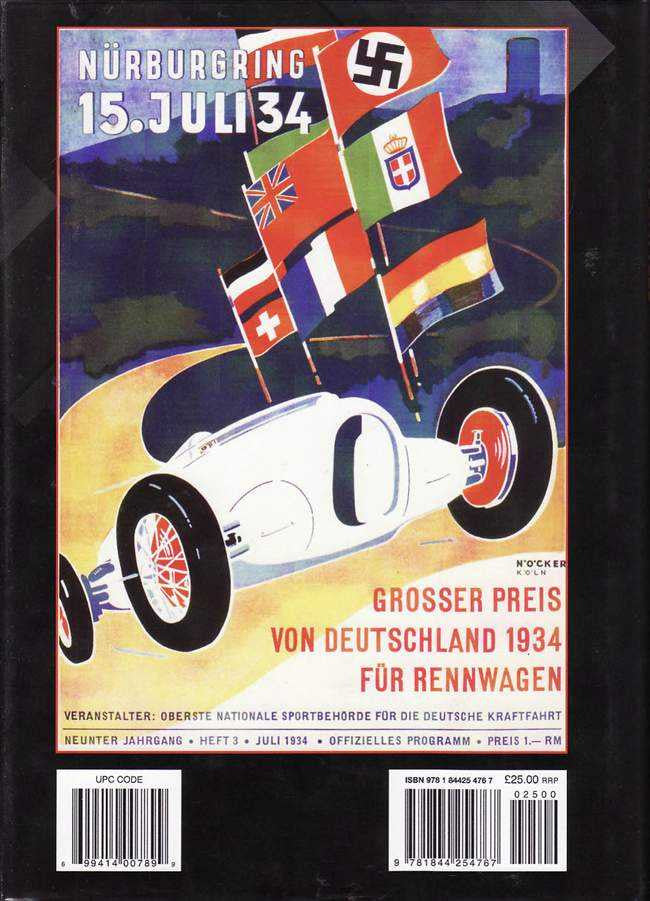 Racing history book cover with white race car and colorful flags