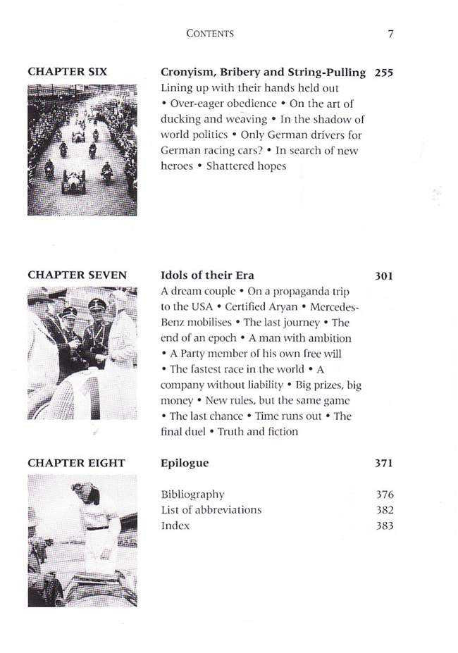Book contents page with chapter six to eight titles and black-and-white photos