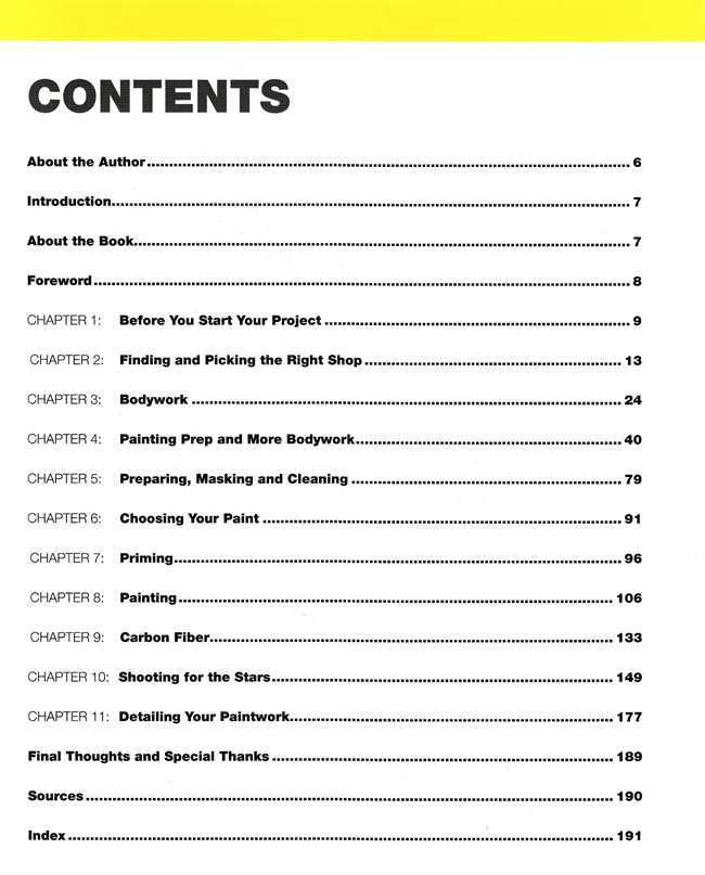 Show car painting instruction book contents page with chapter list