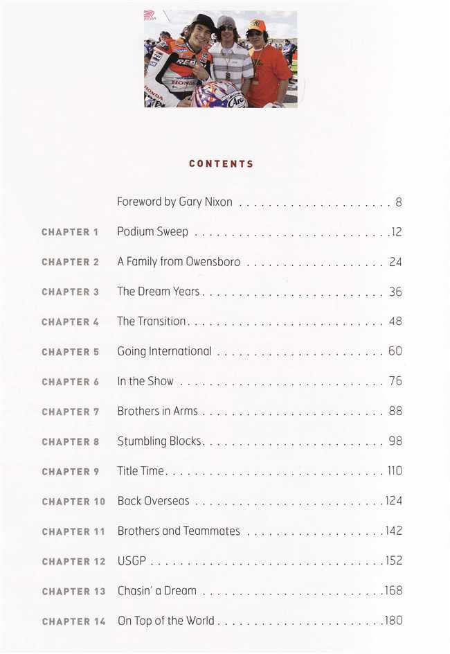 Motorsport biography book, table of contents page with chapters list
