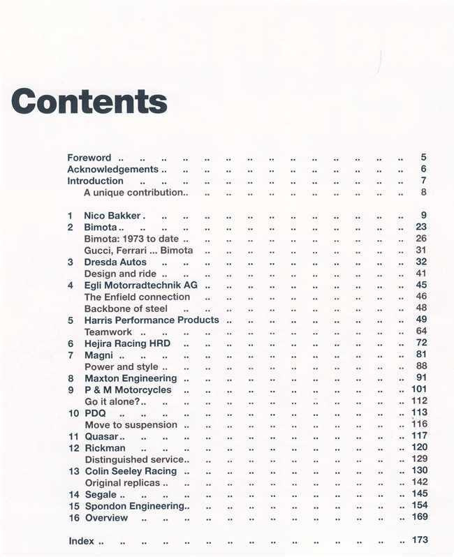 Book contents page with section list and page numbers