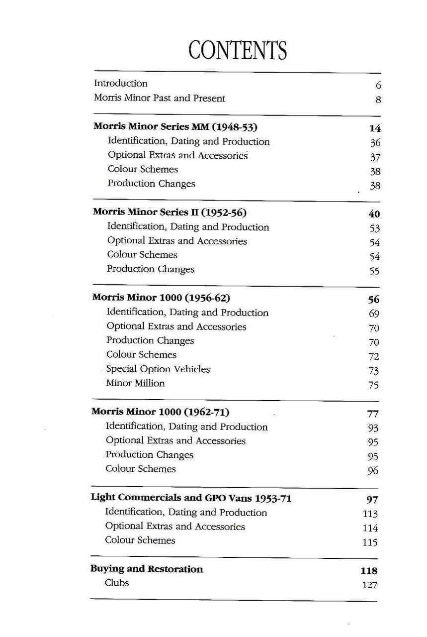 Classic car guide book contents page with section titles and page numbers