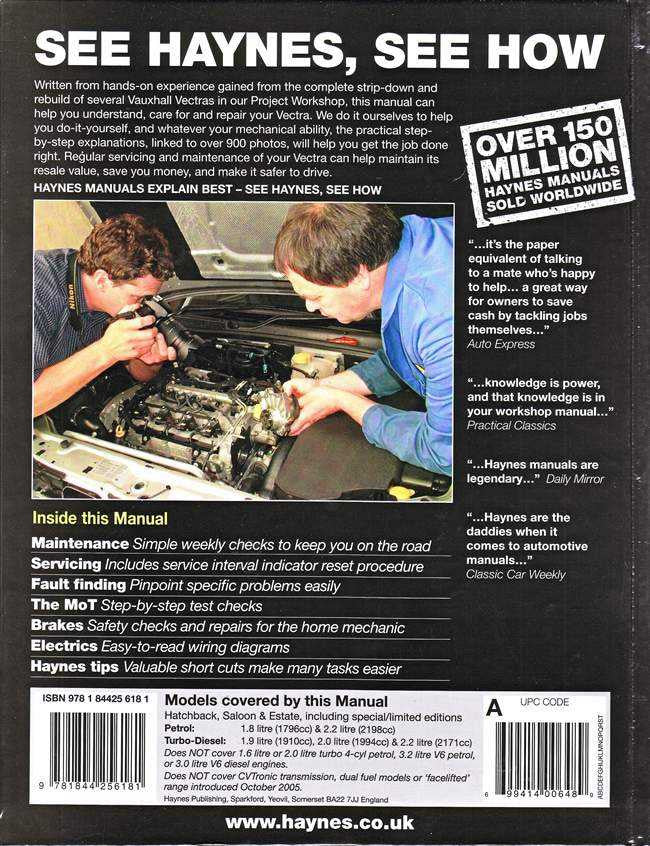 Haynes Vectra workshop manual back cover with maintenance and electrical troubleshooting text