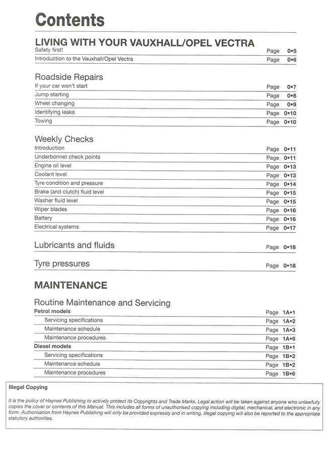 Workshop manual contents page listing maintenance, checks, and lubrication sections