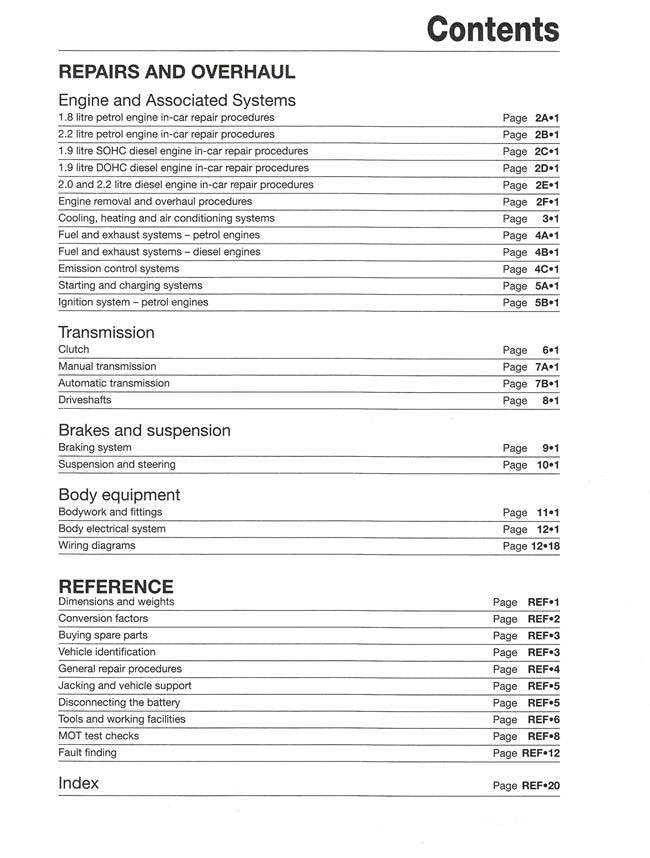 Workshop manual contents page showing repairs, transmission, brakes, and reference sections