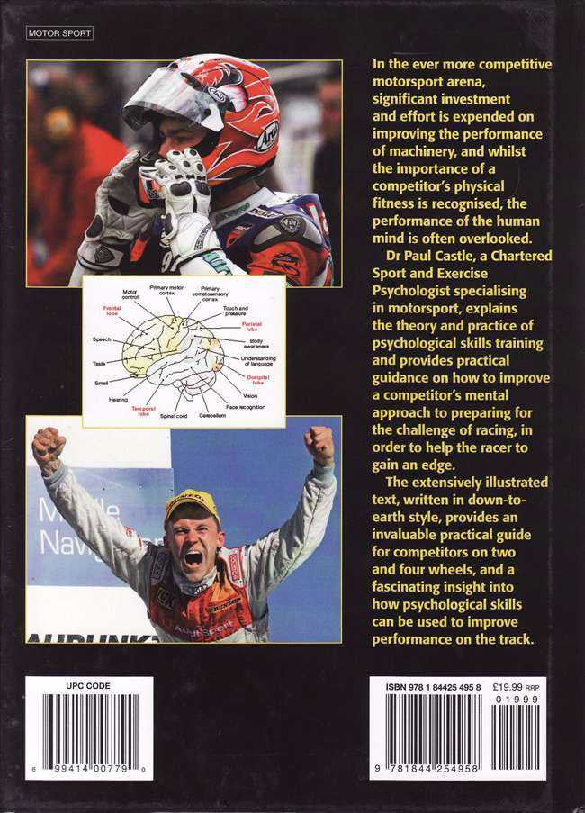 Motorsport psychology back cover with red-helmet driver, text blocks, and barcode
