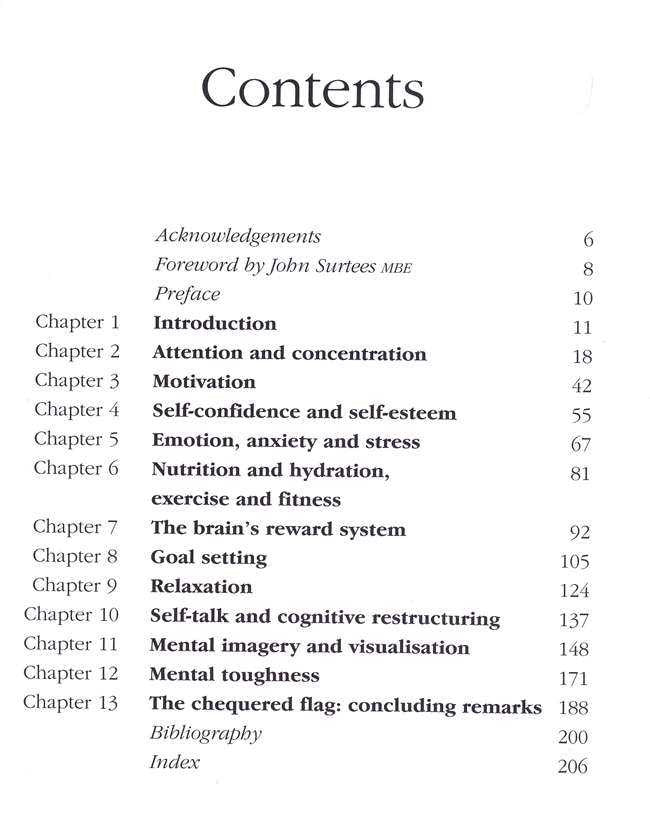 Book contents page listing chapters on motivation, nutrition, and mental skills