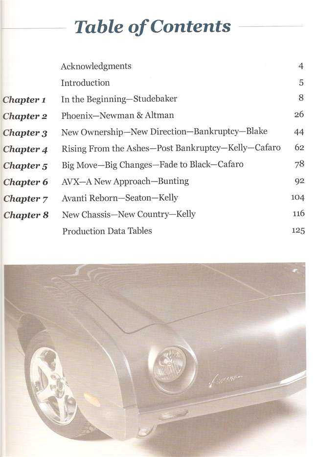 Book page showing a table of contents with chapter list and vintage car photo