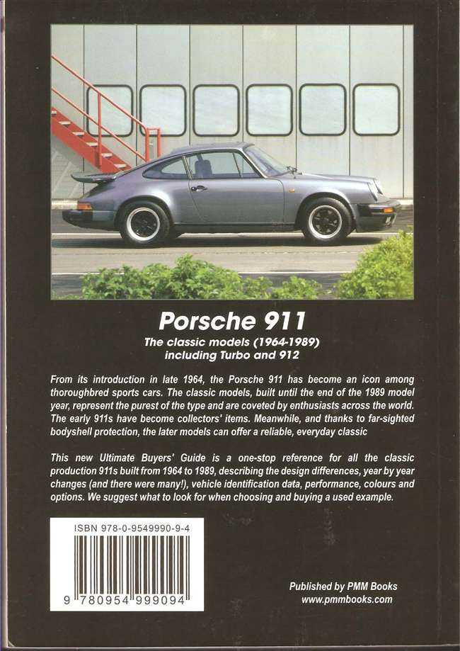 Automotive buyers guide book back with side photo of green Porsche 911 and barcode