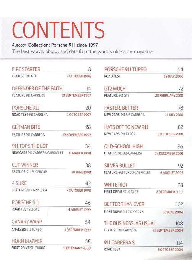 Porsche 911 Since 1997 Autocar Collection book contents page with section list