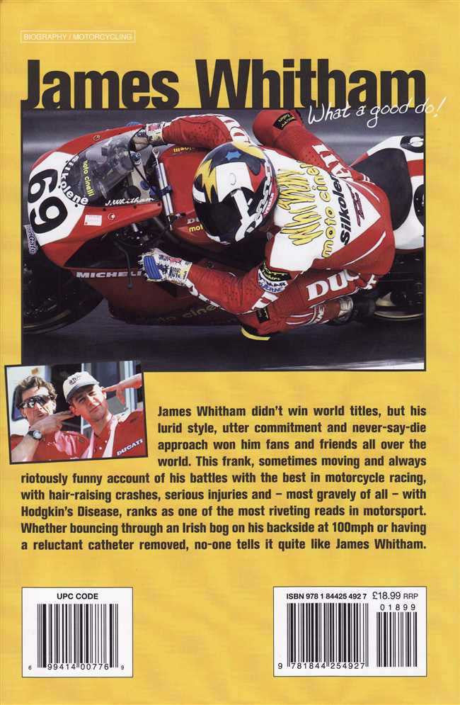 Humorous paperback book cover with racing motorcycle photo and bold title text