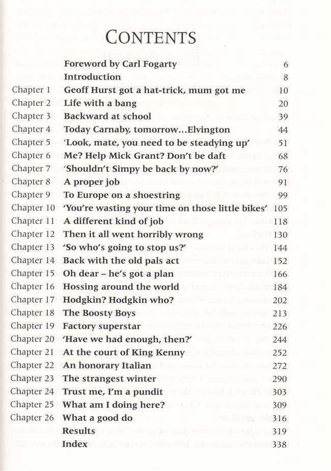 Book contents page listing chapters with page numbers