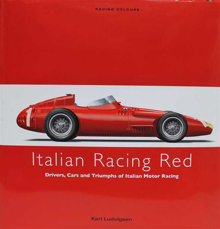 Red book cover with side view of vintage race car and front cover title