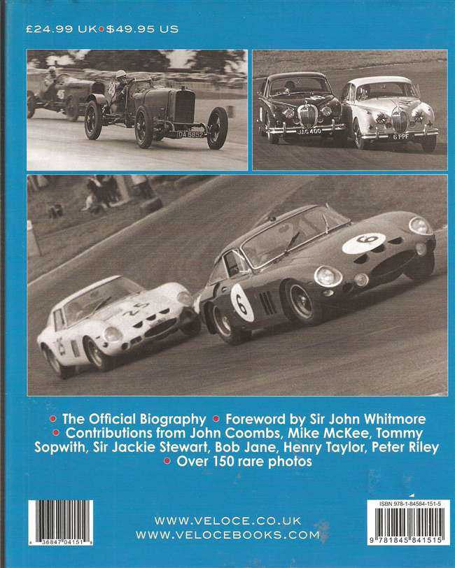 Car racing biography book cover with vintage sports car photos