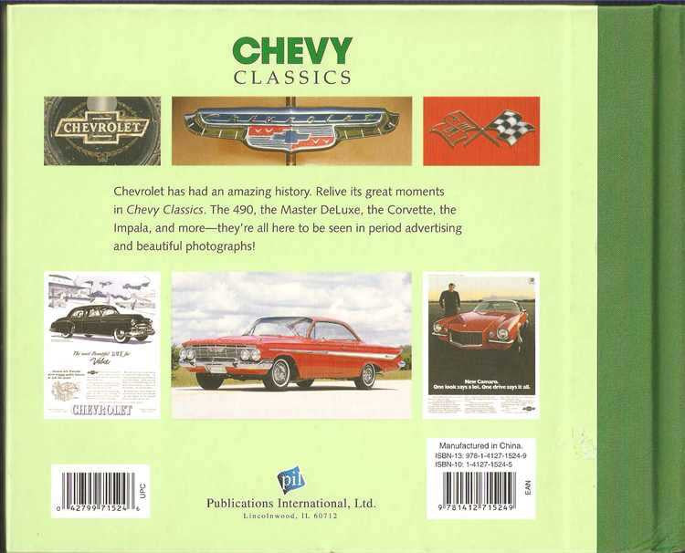 Chevy Classics paperback back cover with car photo collage and advertising text