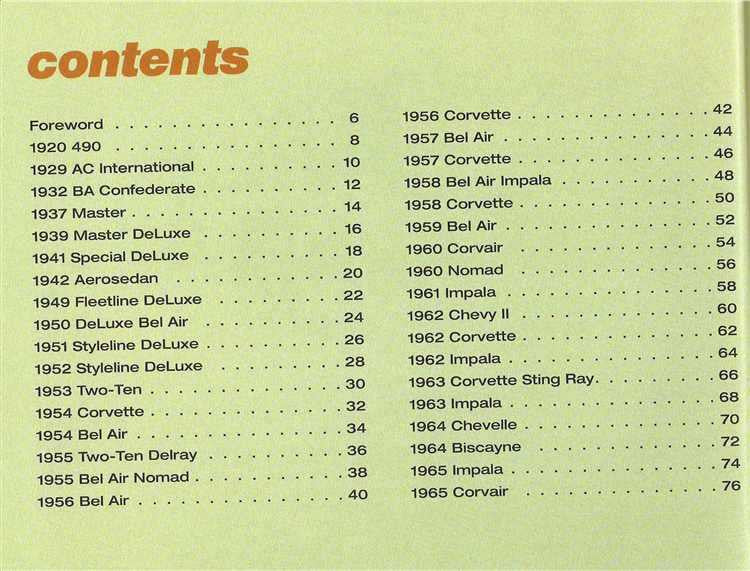 Chevy Classics paperback contents page with two-column chapter list