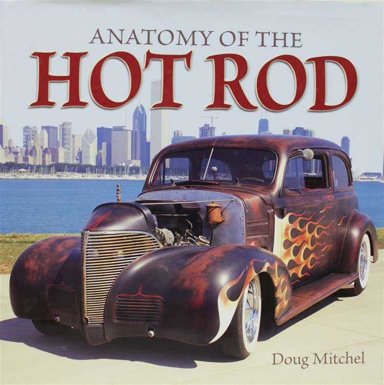 Hot rod book cover with brown flame-painted classic car and title lettering