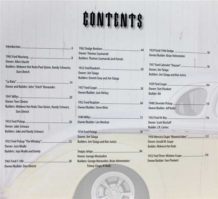 Hot rod book contents page with numbered sections and small wheel graphic