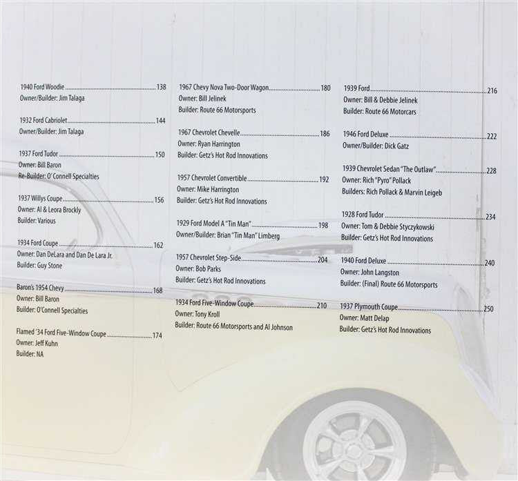 Hot rod book contents page with list of car years and partial tire illustration