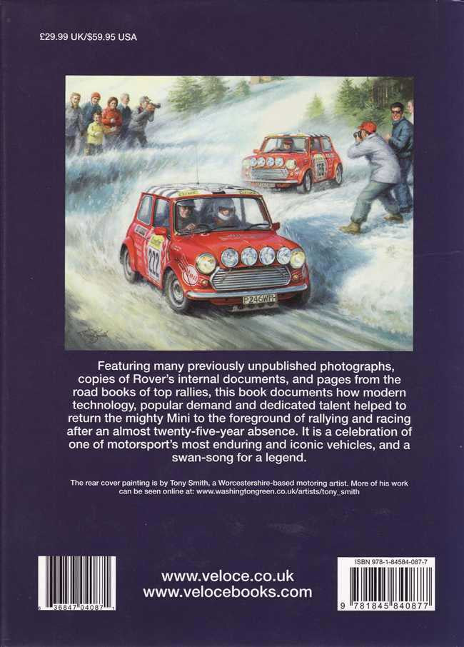 Racing mini rally book back page with red car artwork and paragraph text
