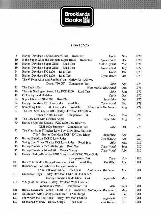 Motorcycle performance portfolio contents page with test and survey listings