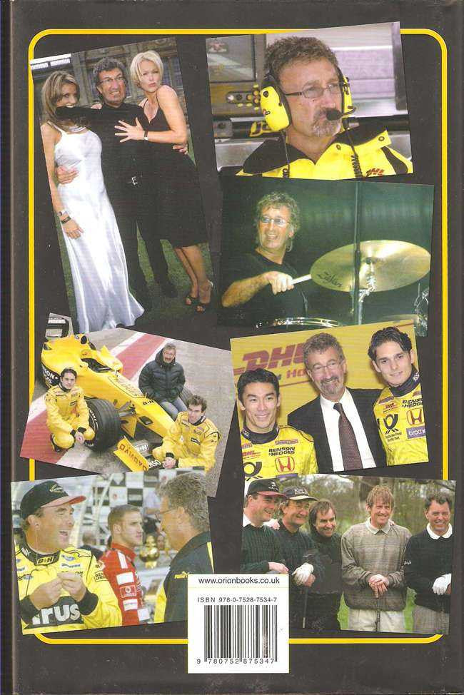 Autobiography book cover with collage photos, yellow accents, and barcode