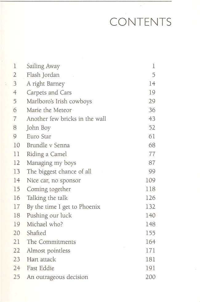 Autobiography book contents page with numbered chapter list and headings