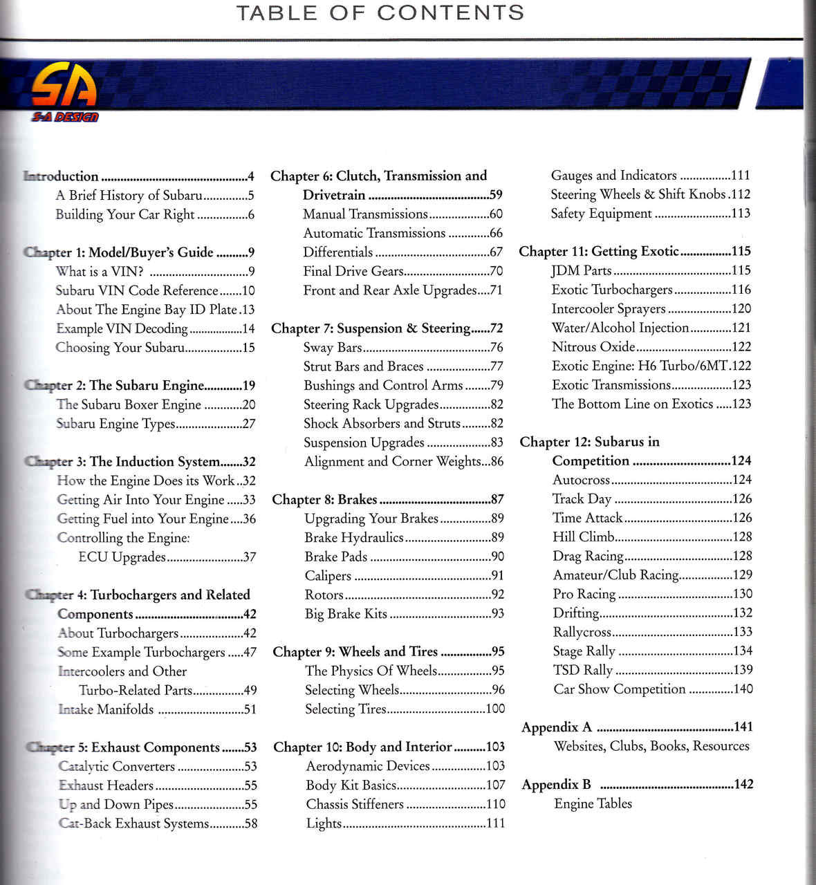 Car performance guide book page with table of contents and section listings