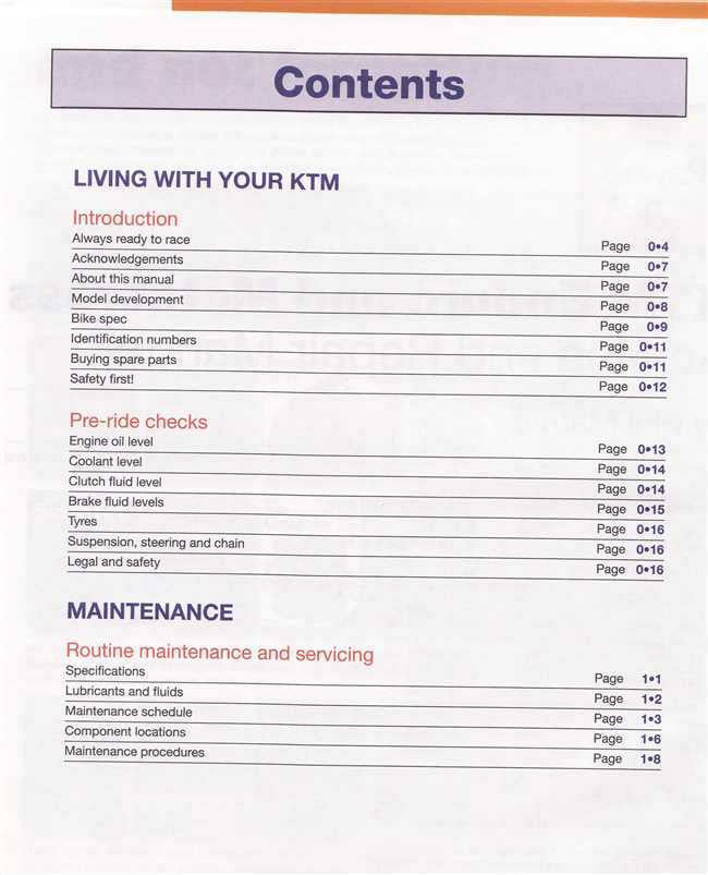 Workshop manual contents page with headings for maintenance and servicing