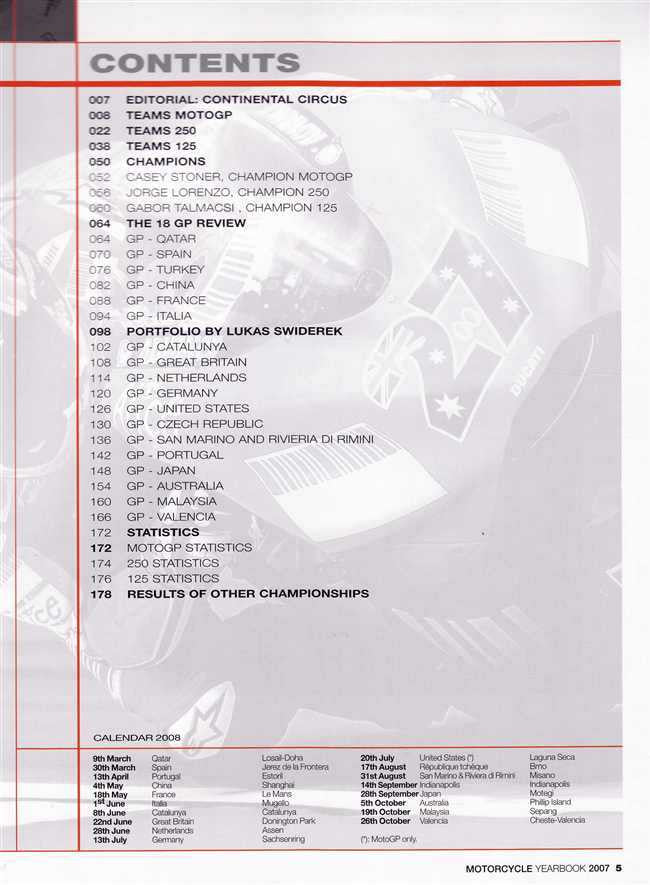 Motorcycle Yearbook 2007 contents page with headings and event list