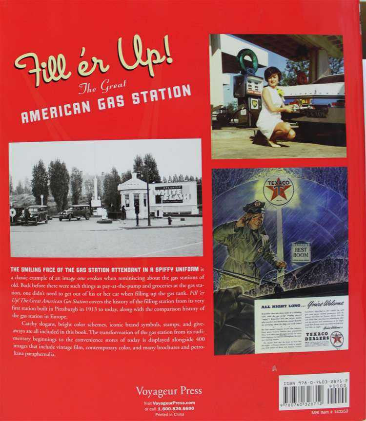 Red book cover with vintage gas station illustration and blocks of small text