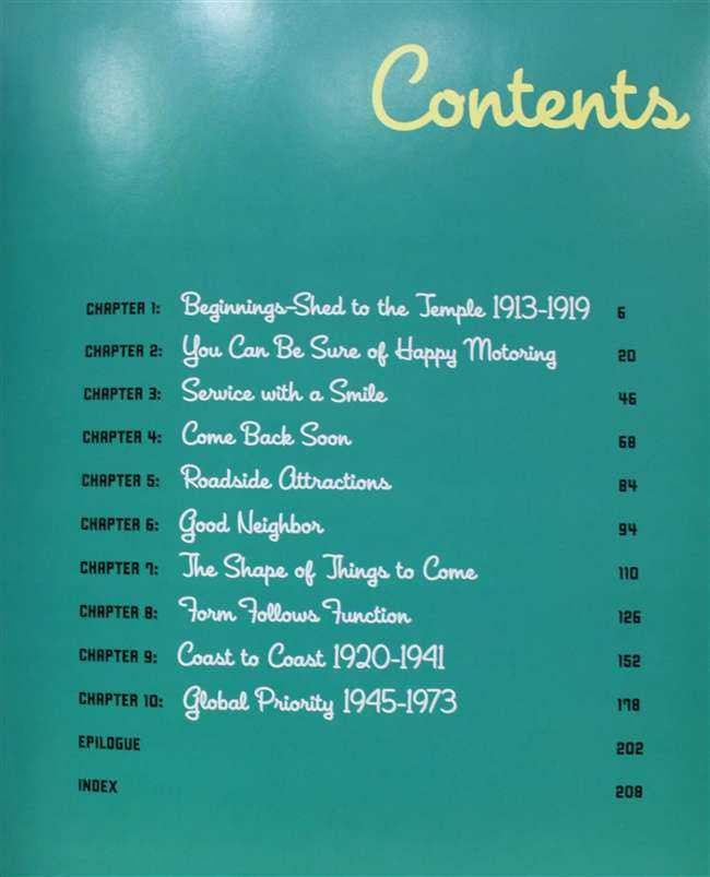 Teal book contents page with numbered chapter list and page numbers