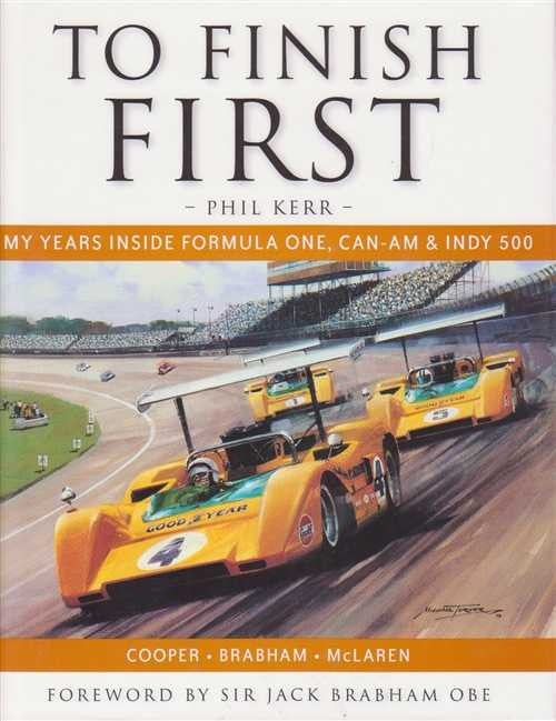 Motorsport memoir book front cover with TO FINISH FIRST title and racecars