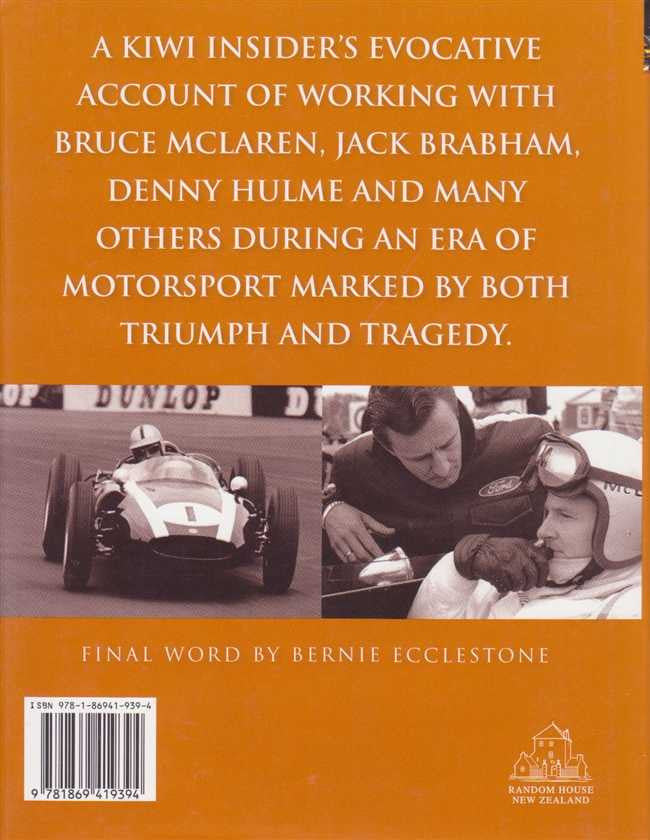 Motorsport memoir book back cover with synopsis text, photo panels, barcode