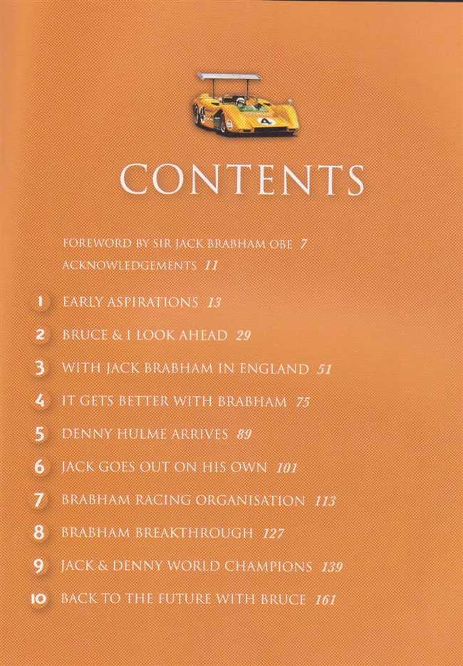 Motorsport memoir book contents page with CONTENTS header and chapter list