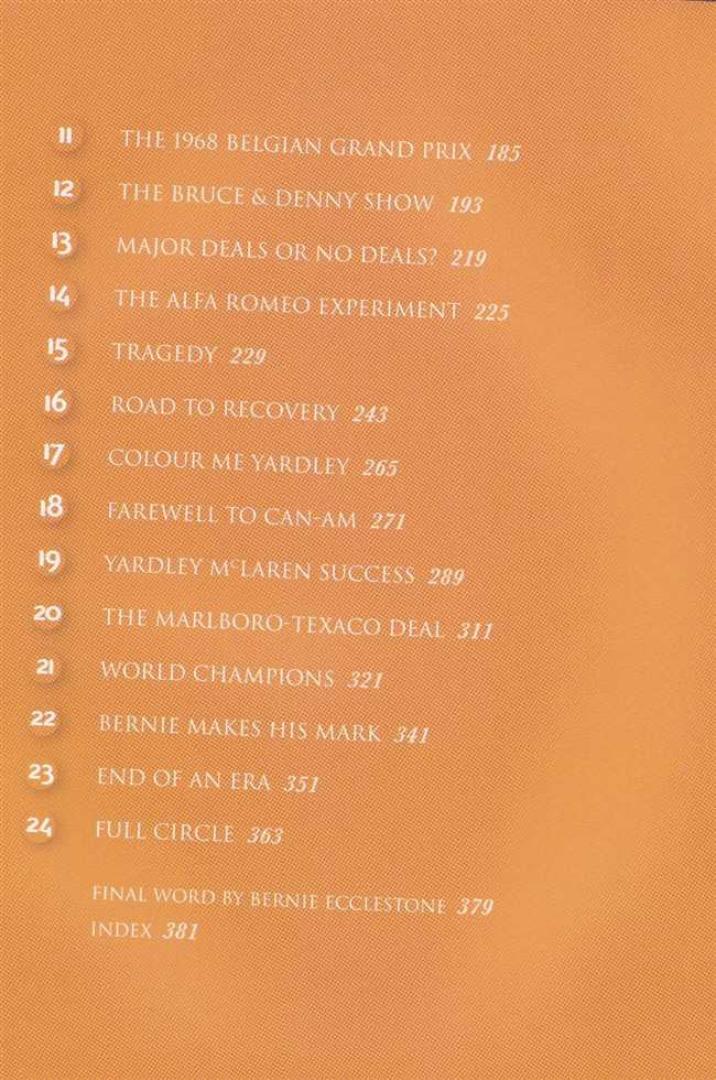 Motorsport memoir book contents page with later chapter list and index notes