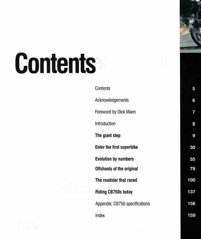 Motorcycle service manual contents page with chapter list