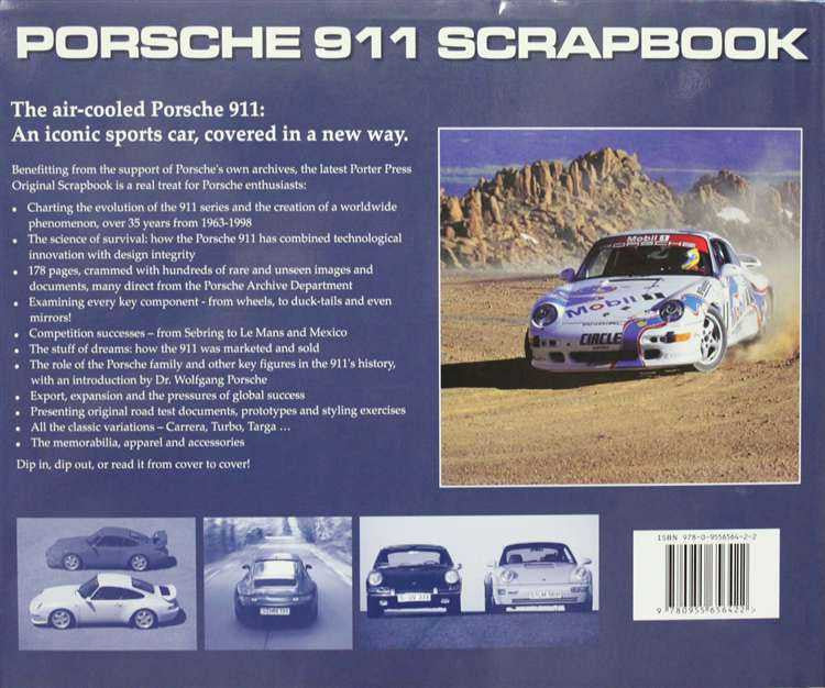 Porsche 911 scrapbook back page with racing car photo, text blocks, and barcode