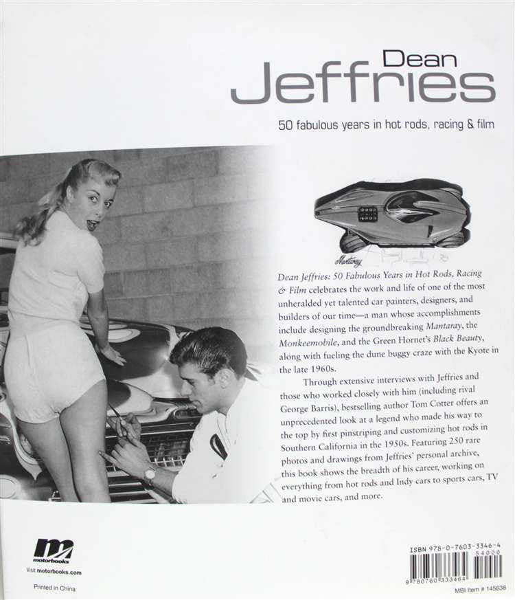 Back cover book with Dean Jeffries title and hot rods racing film text
