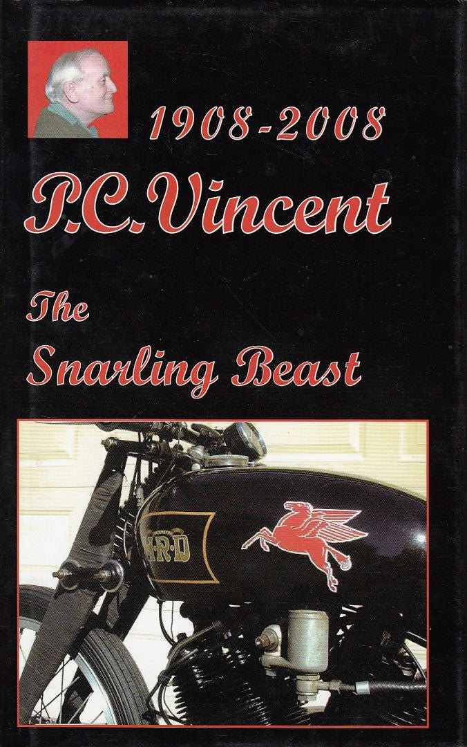 Book cover featuring P.C. Vincent text and motorcycle illustration, 1908-2008